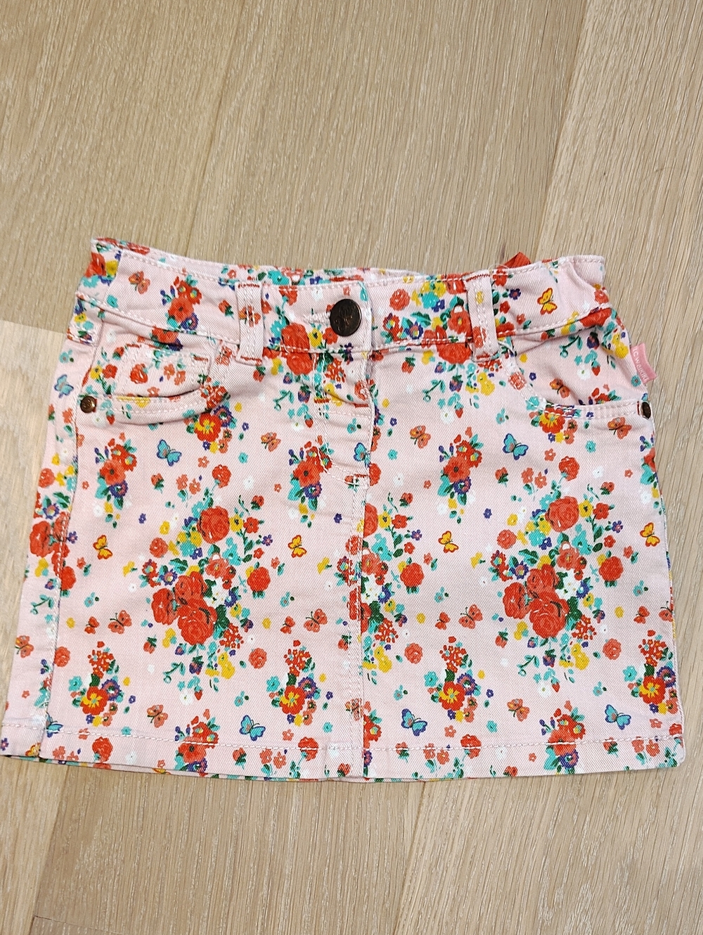 Girls Pink Floral Denim A-Line Skirt